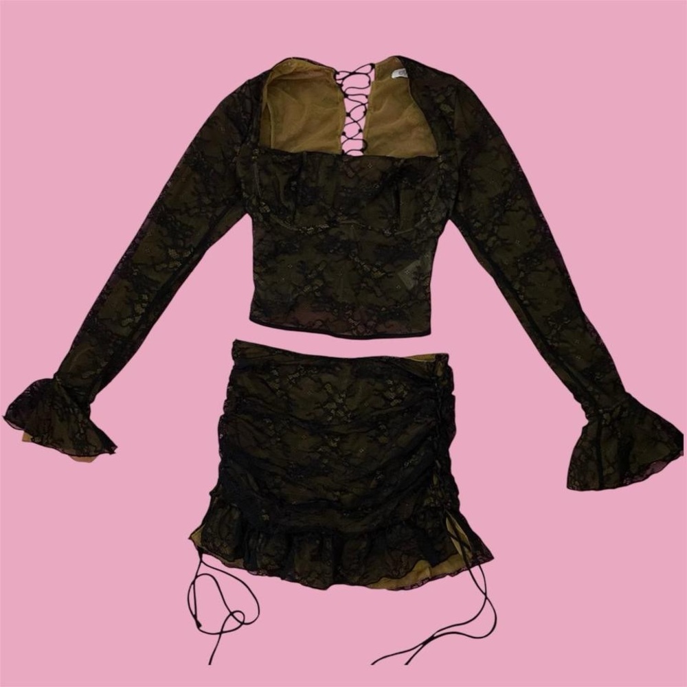 cute ohpolly black & cream adjustable lace up top and mini skirt set